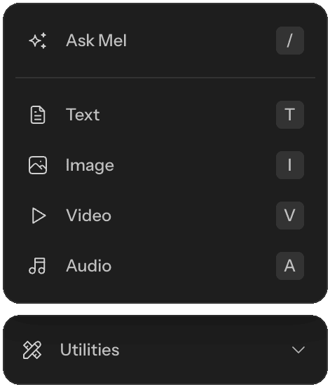 The Melius node menu: Ask Mel, Text, Image, Video, Audio, and Utilities