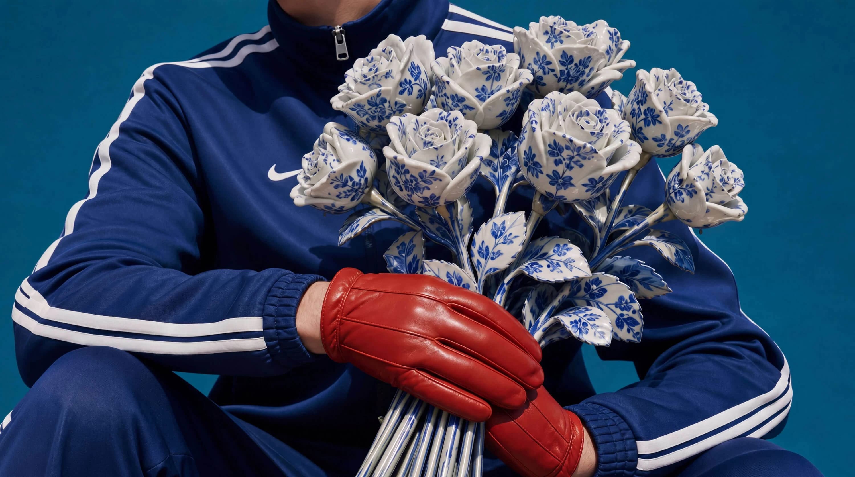 A person in a blue tracksuit and red leather gloves holding a bouquet of blue-and-white porcelain roses.