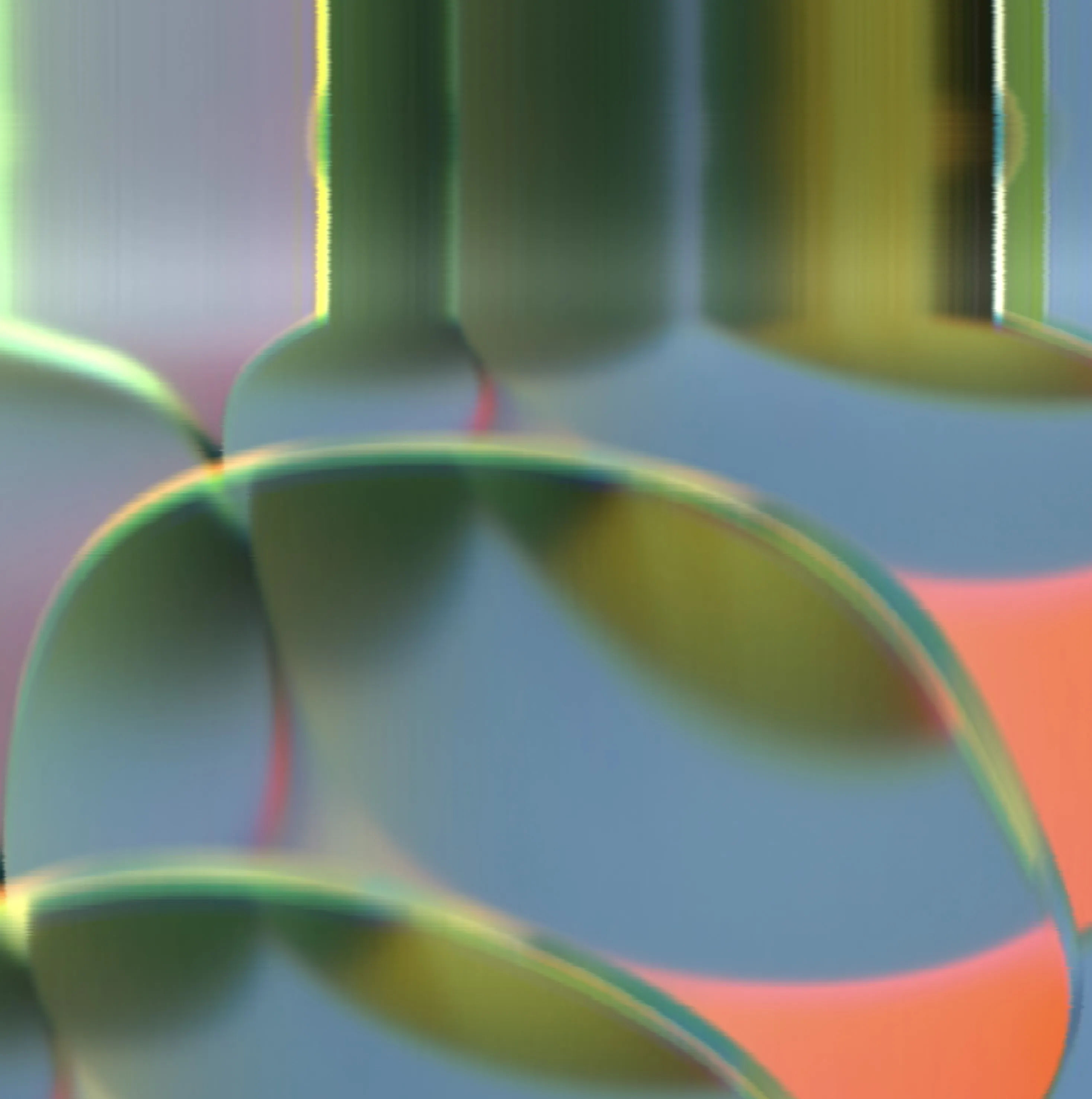 Soft green glass bottles against a coral backdrop