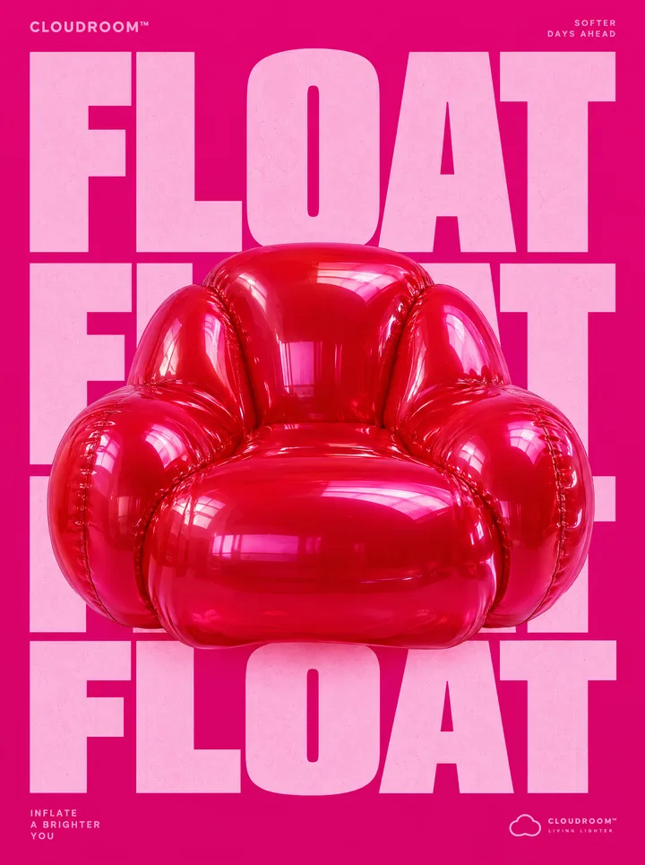CLOUDROOM poster: an inflatable chair over the word “Float”, repeated.
