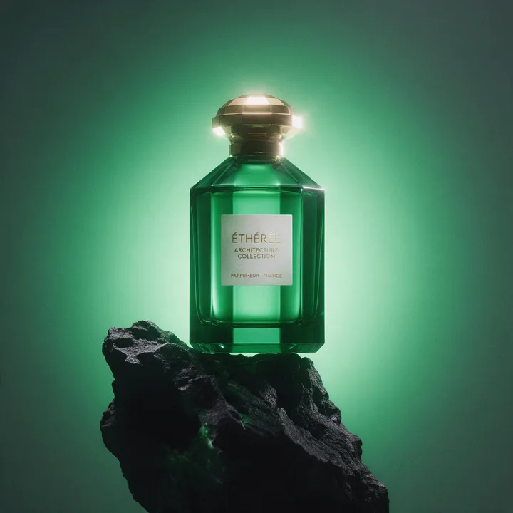 ÉTHÉRÉE concept: an emerald perfume bottle.