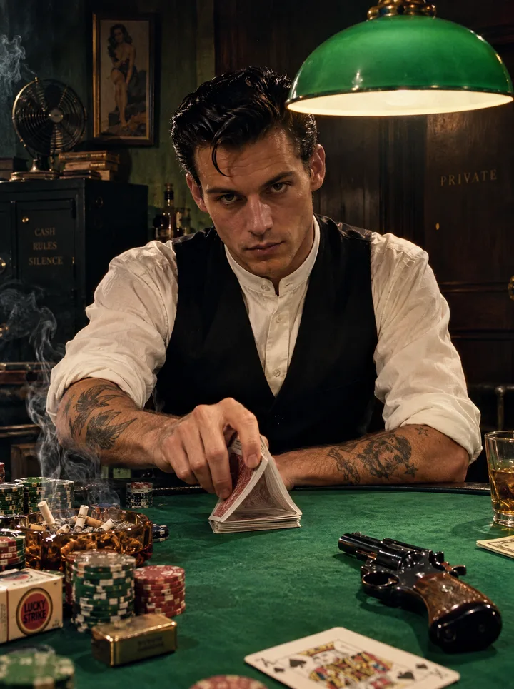 A card dealer in a smoky backroom.