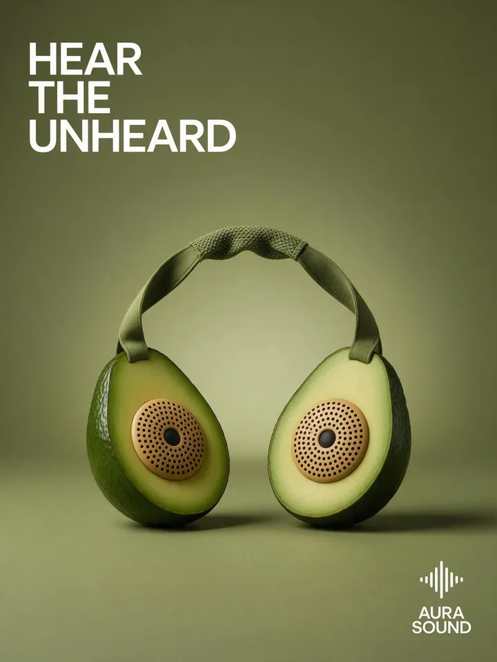 Aura Sound concept ad: headphones made from avocado halves, headlined “Hear the unheard.”