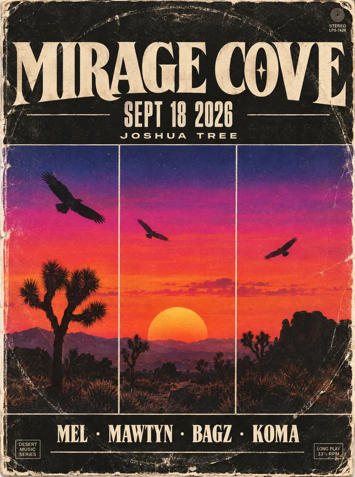 Mirage Cove album-sleeve flyer: a Joshua Tree sunset with the lineup below.