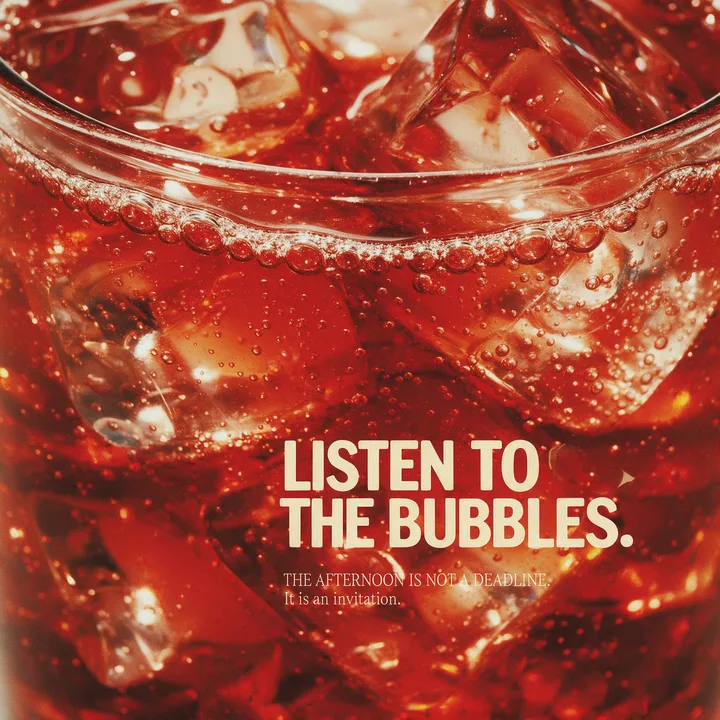 The Golden Hour Meniscus poster: a glass of iced soda, headlined “Listen to the bubbles.”