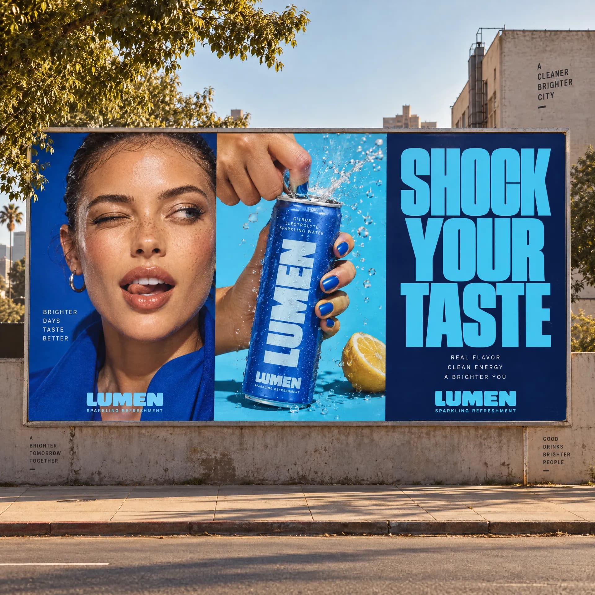 A street billboard for LUMEN sparkling water: a model, a can, and “Shock your taste.”