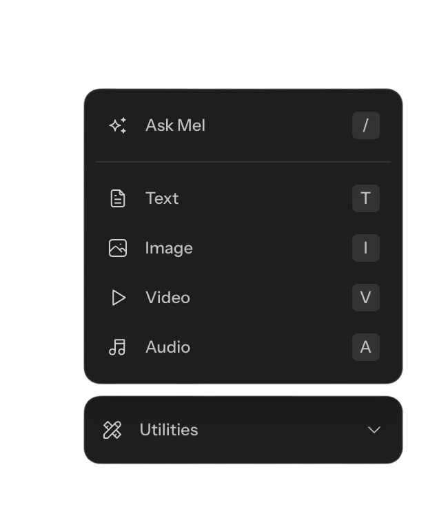 The add-node menu listing text, image, video, and audio nodes.