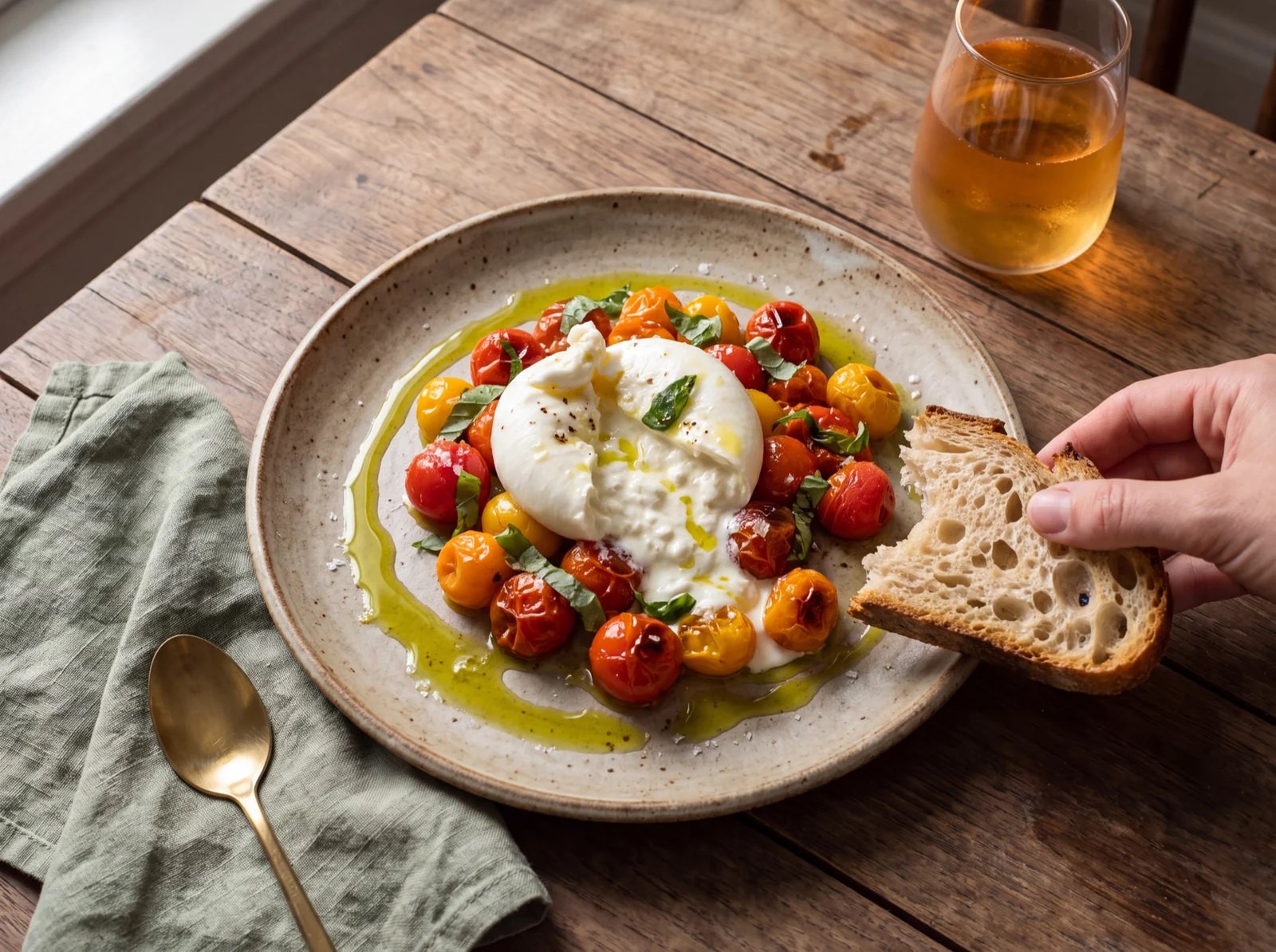 Burrata with roasted cherry tomatoes and olive oil, a hand reaching in with bread