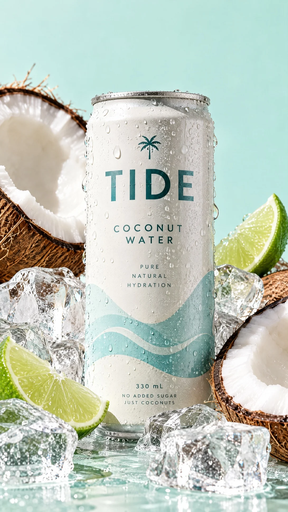A TIDE coconut water can on ice between coconut halves and limes