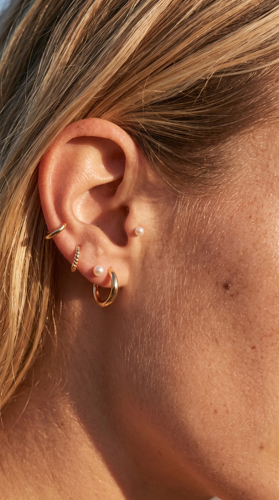A close-up of gold hoop and pearl earrings on an ear