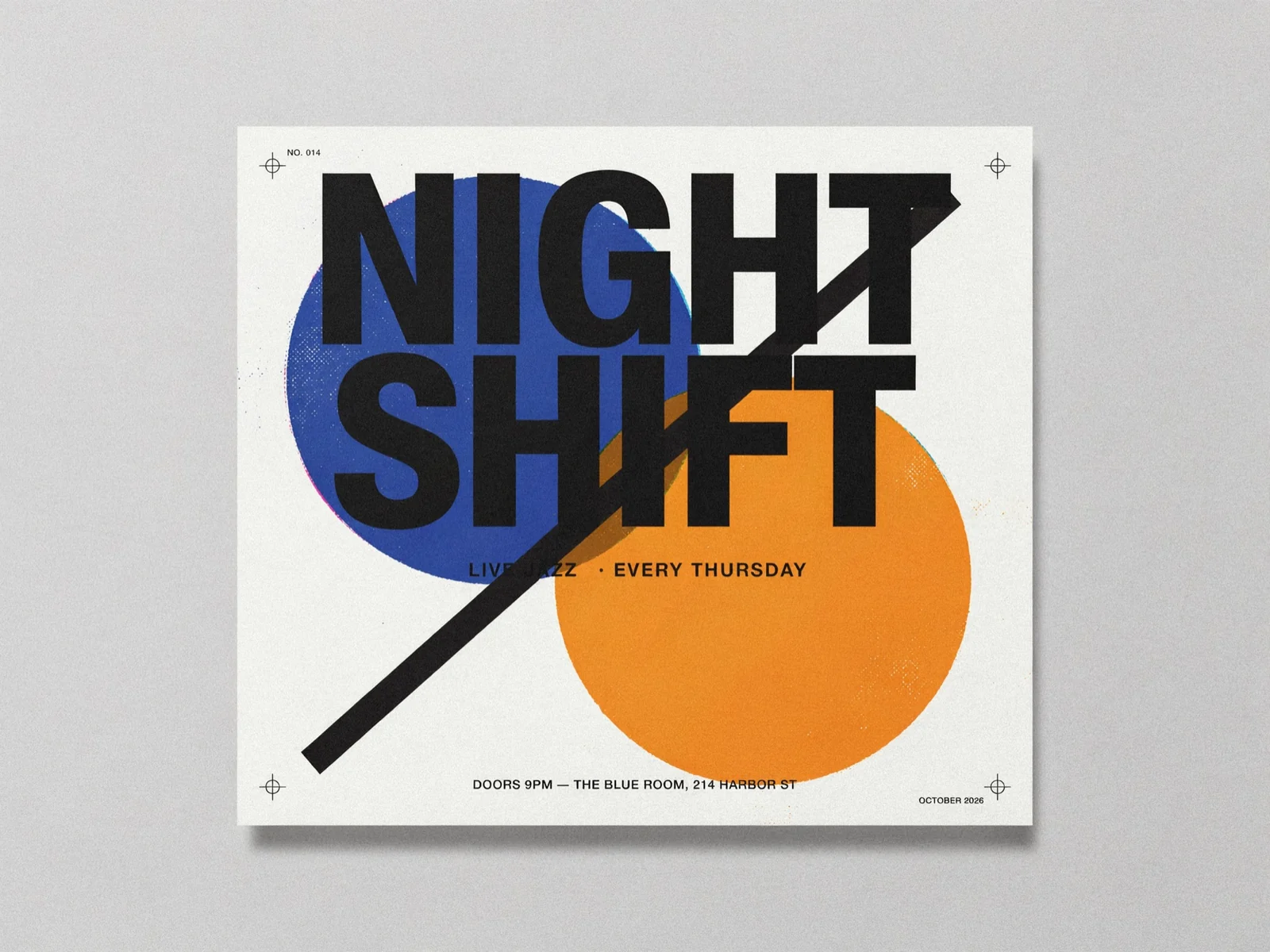 A Night Shift jazz poster in bold black type over blue and orange circles