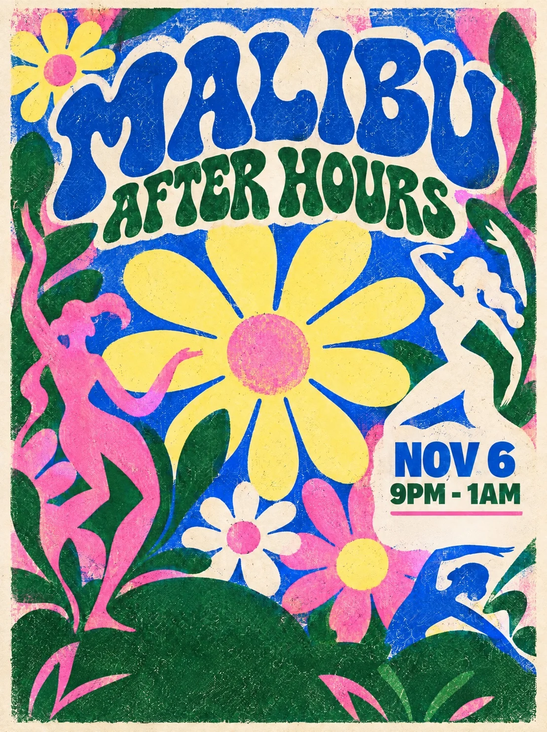 A Malibu After Hours risograph poster of hand-drawn flowers and dancing figures