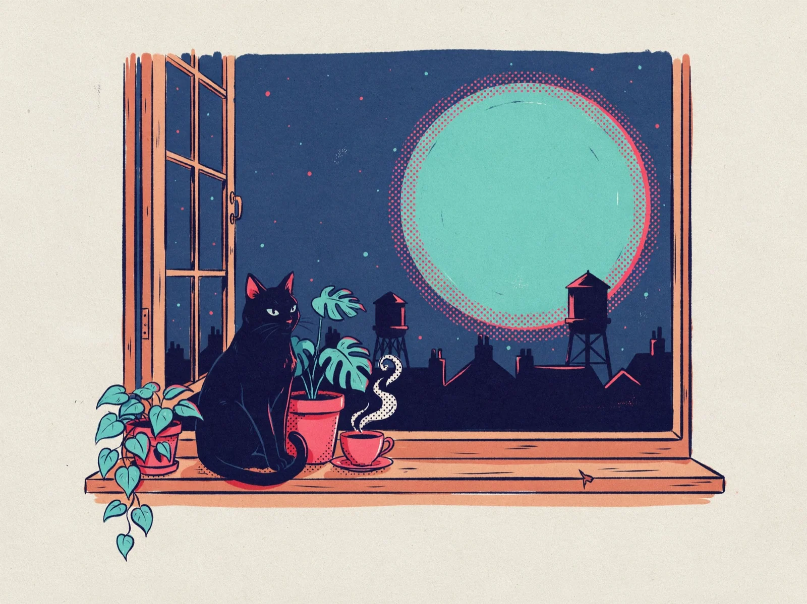 A risograph print of a black cat on a windowsill under a teal moon