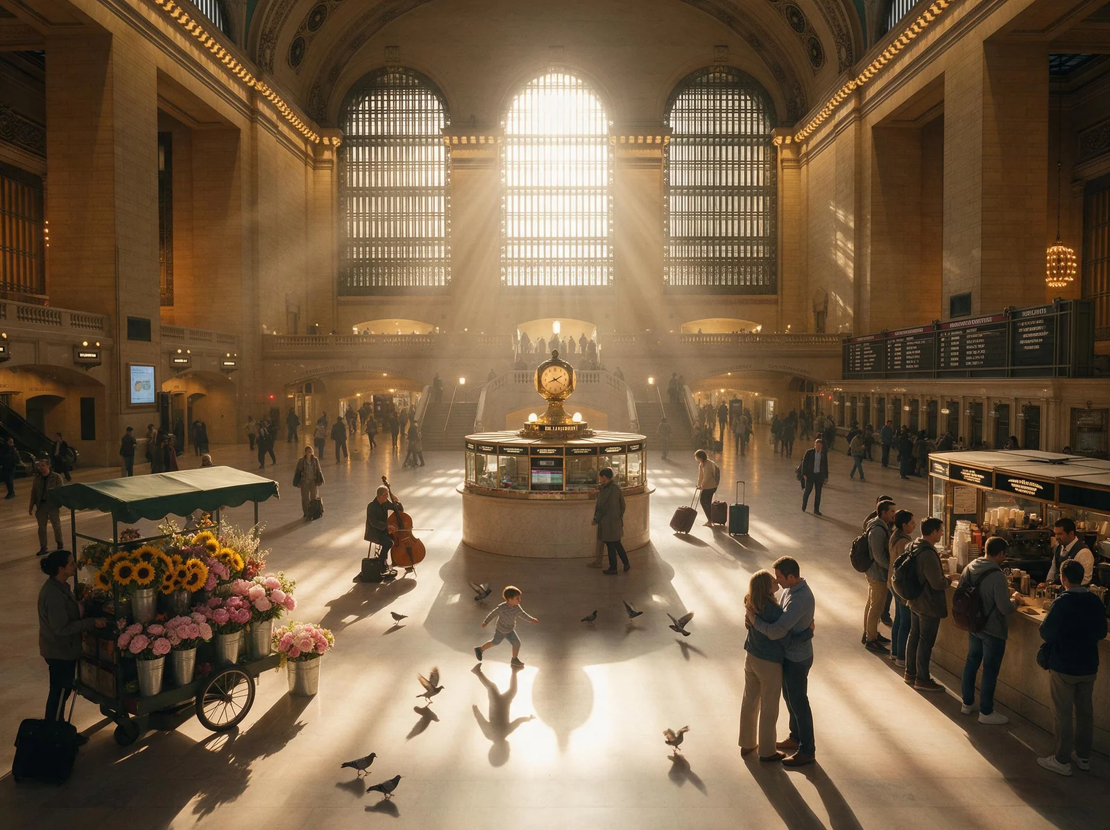 Commuters, flower carts and pigeons crossing a sunlit train station concourse