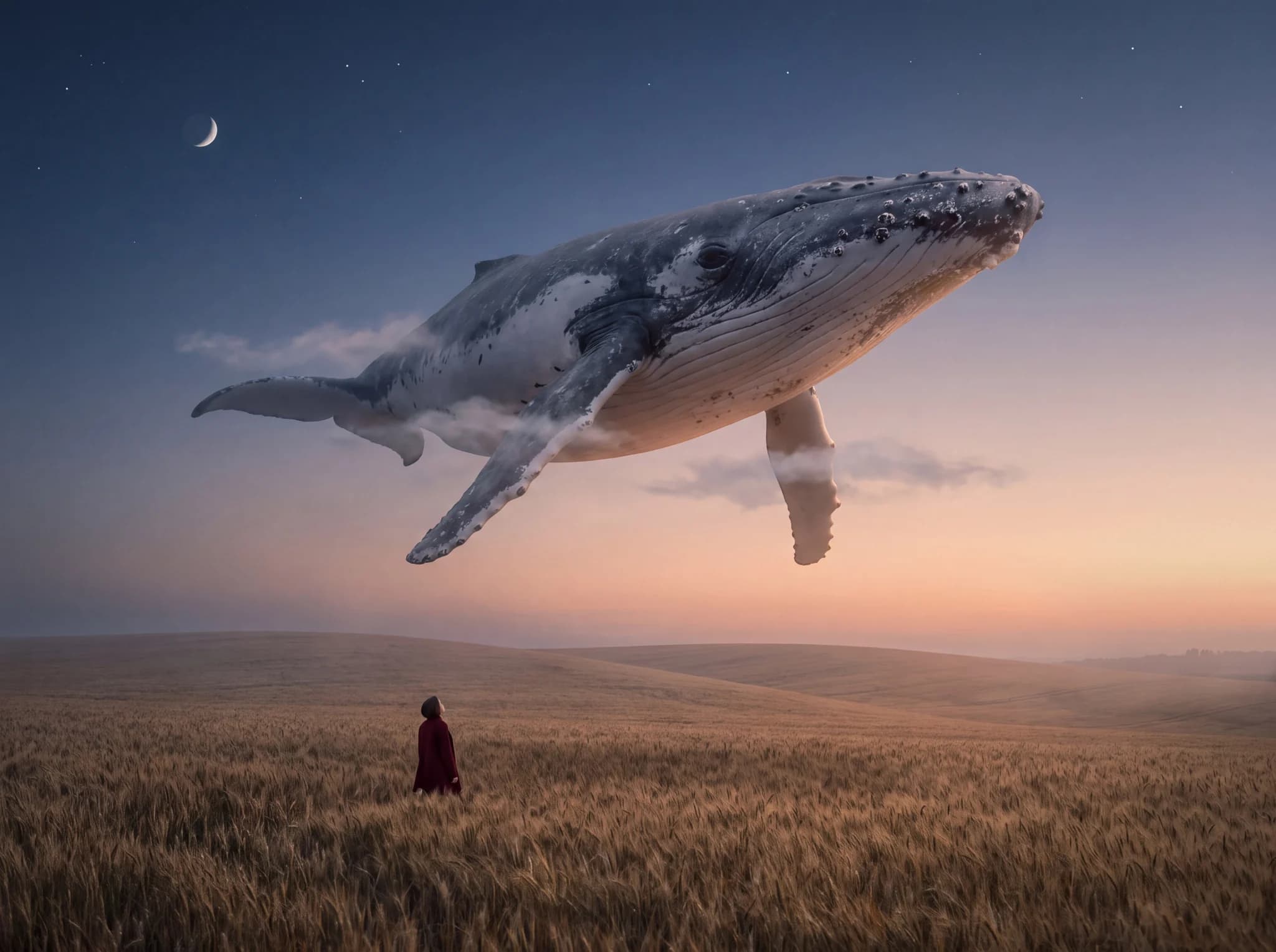 A humpback whale floating over a wheat field at dusk, watched by a figure in a red coat