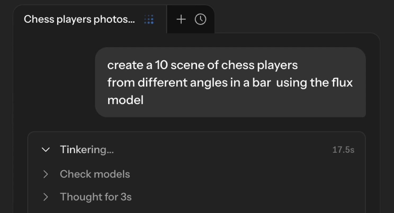 The Mel agent panel working through a prompt asking for a scene of chess players
