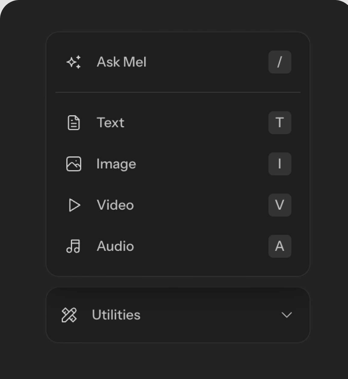 The add-node menu listing Ask Mel, text, image, video, and audio nodes