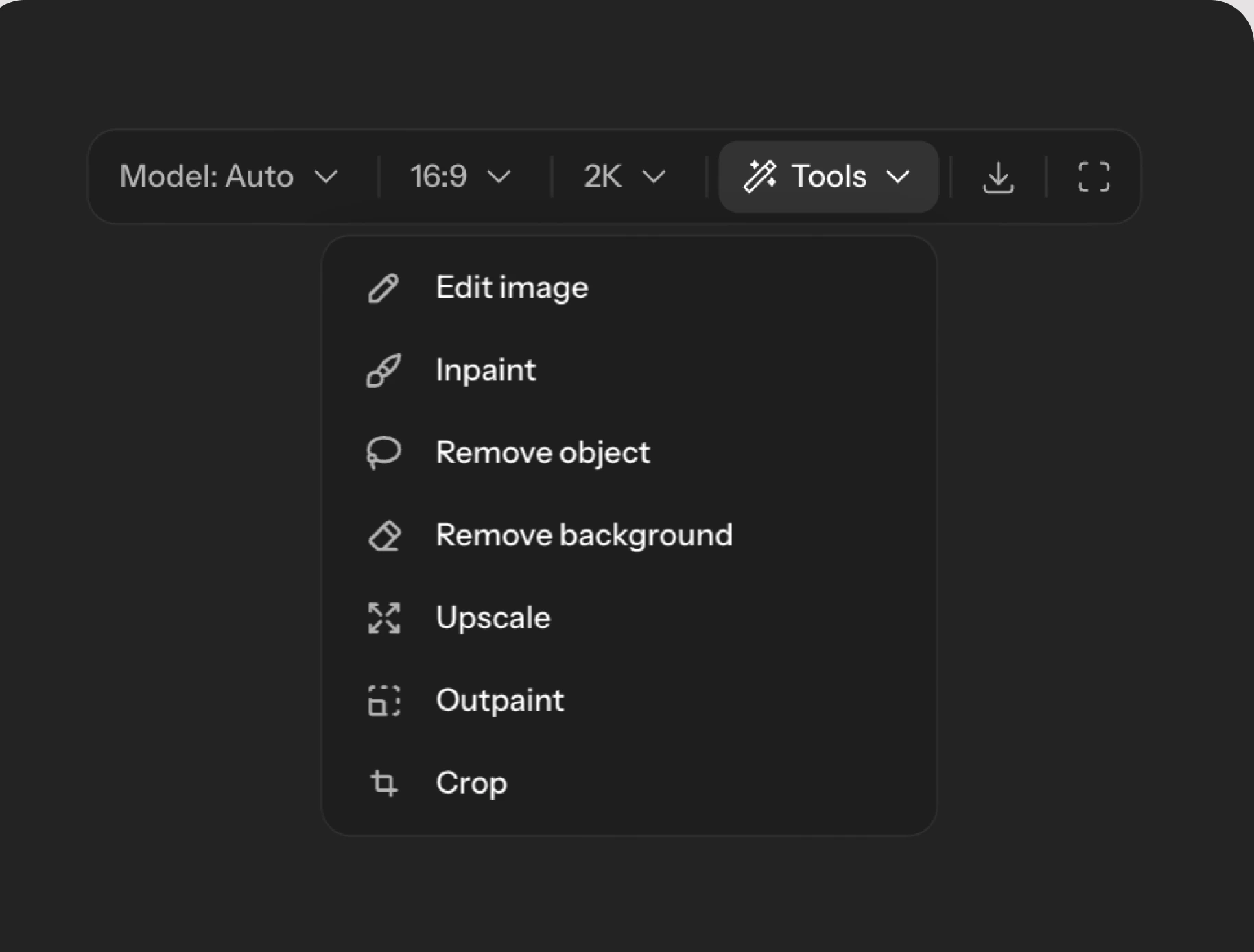 A node toolbar with the tools menu open on edit image, inpaint, remove object, remove background, upscale, outpaint, and crop
