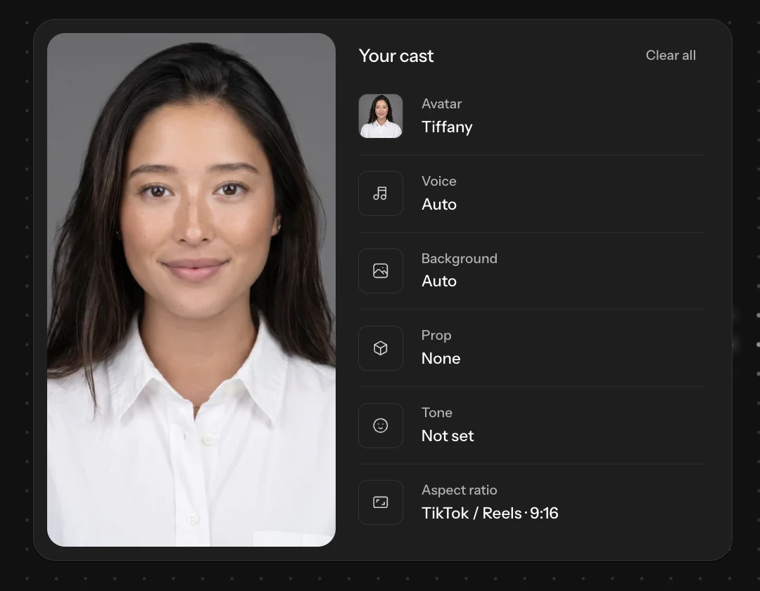 The Your cast panel listing avatar, voice, background, prop, tone, and aspect ratio beside an avatar portrait