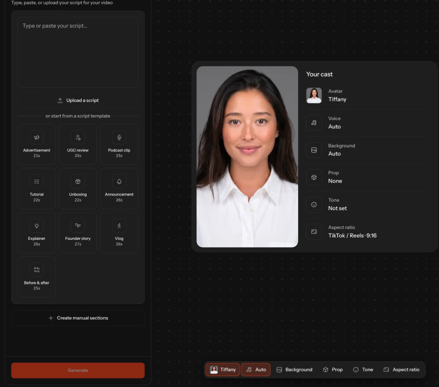 The Cast studio with the script panel on the left and the Your cast settings beside a generated avatar
