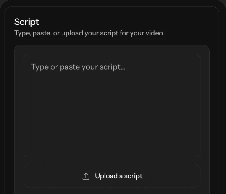 The Cast script panel with an empty script box, an upload button, and script templates for advertisement, UGC review, and podcast clip