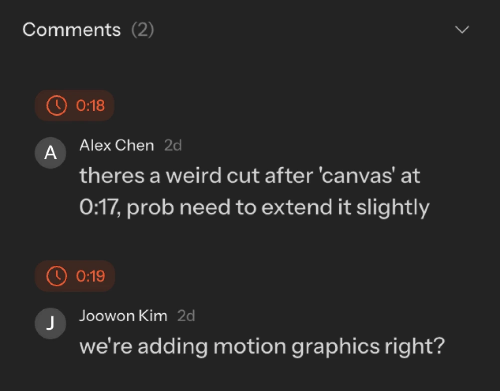 A comment thread attached to an asset, with download and share actions