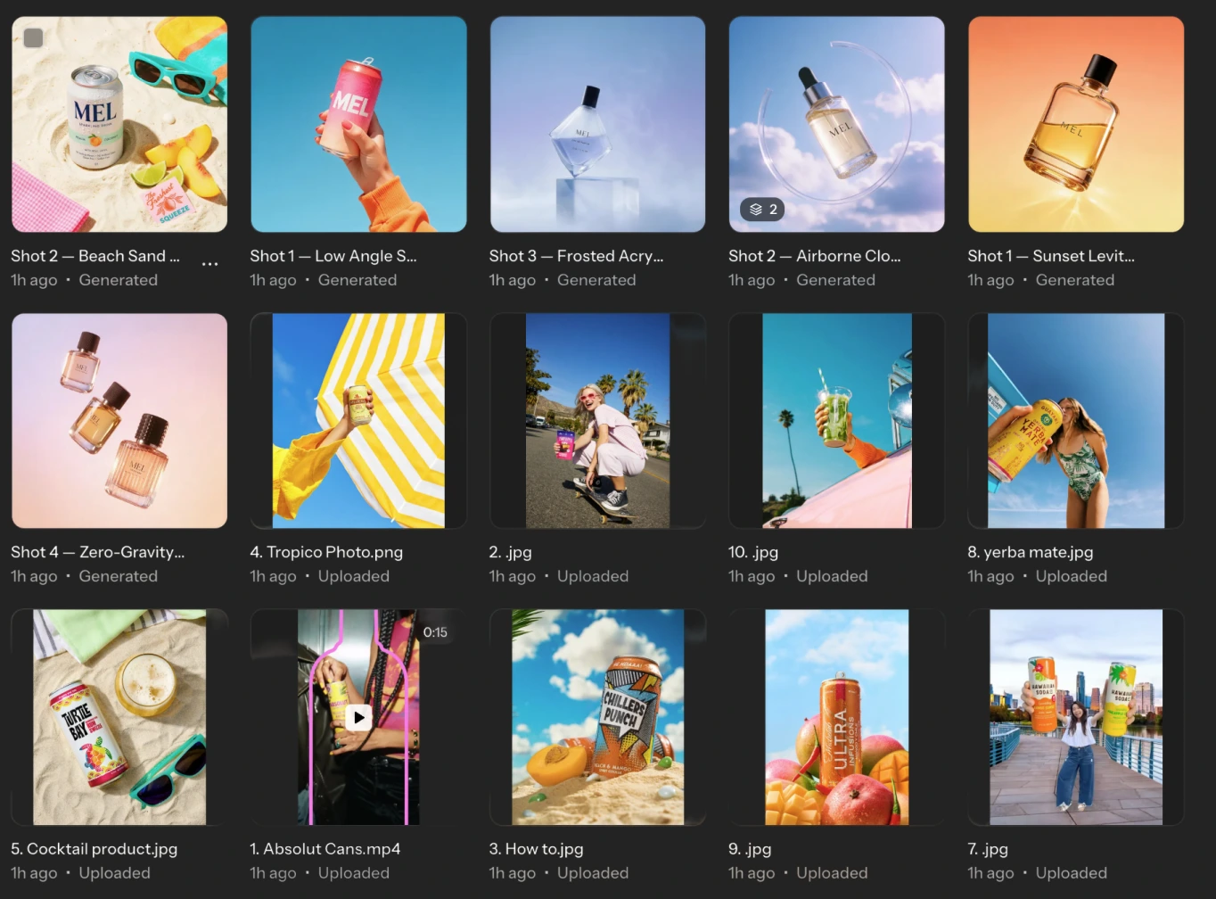 A grid of generated and uploaded assets in the Melius library