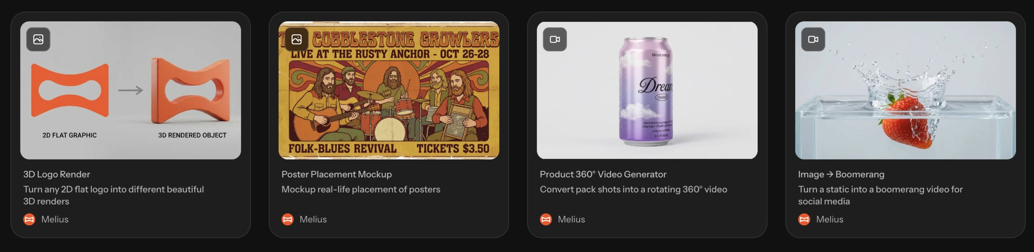 A row of template cards for a logo render, a poster mockup, a product video, and a boomerang
