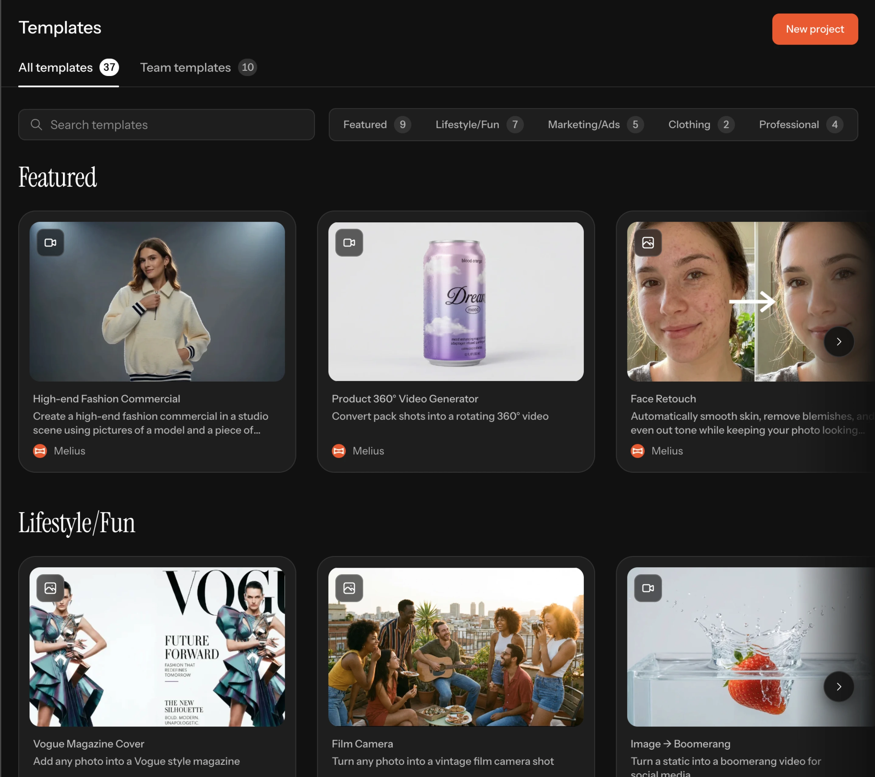 The Melius template library, with featured and lifestyle template rows
