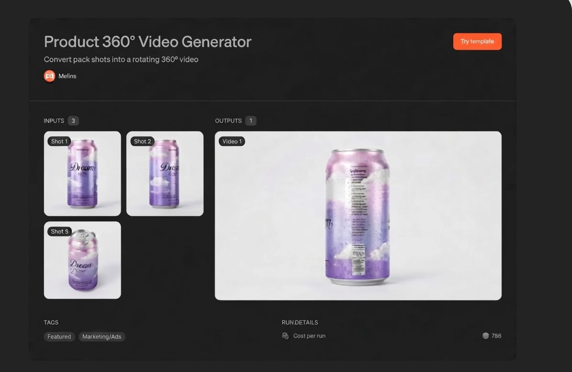 A product video template showing its three example inputs beside the video they produce