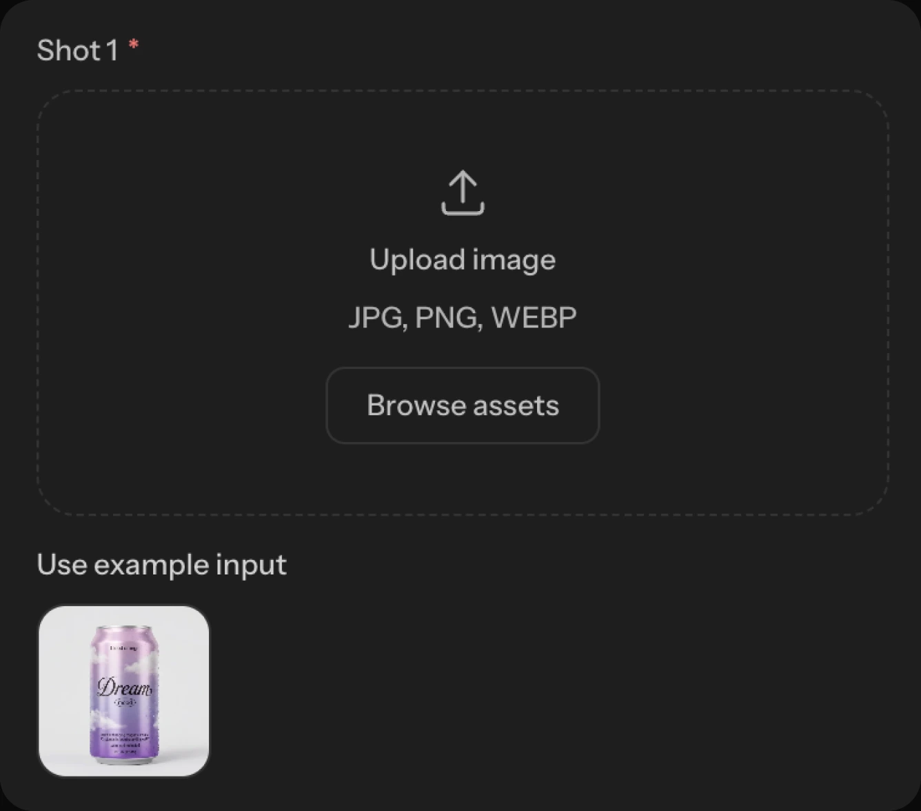 A template input asking for an image upload, with an example product shot below it
