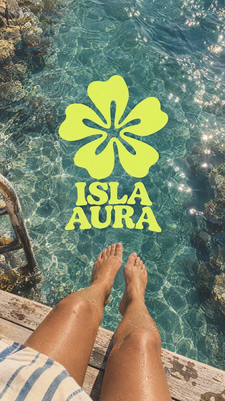 ISLA AURA: a flower mark over a pool, feet dangling from the dock.