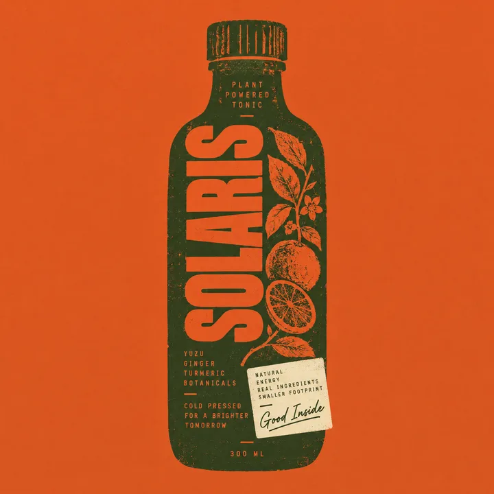 SOLARIS: an illustrated bottle label on orange.
