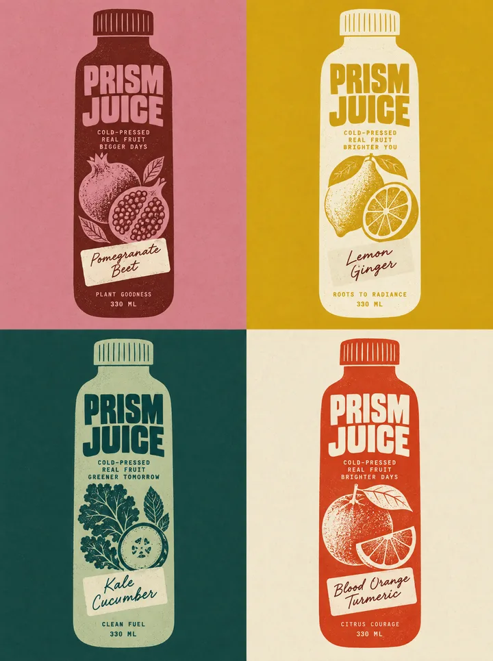 PRISM Juice: four flavor labels in a grid.