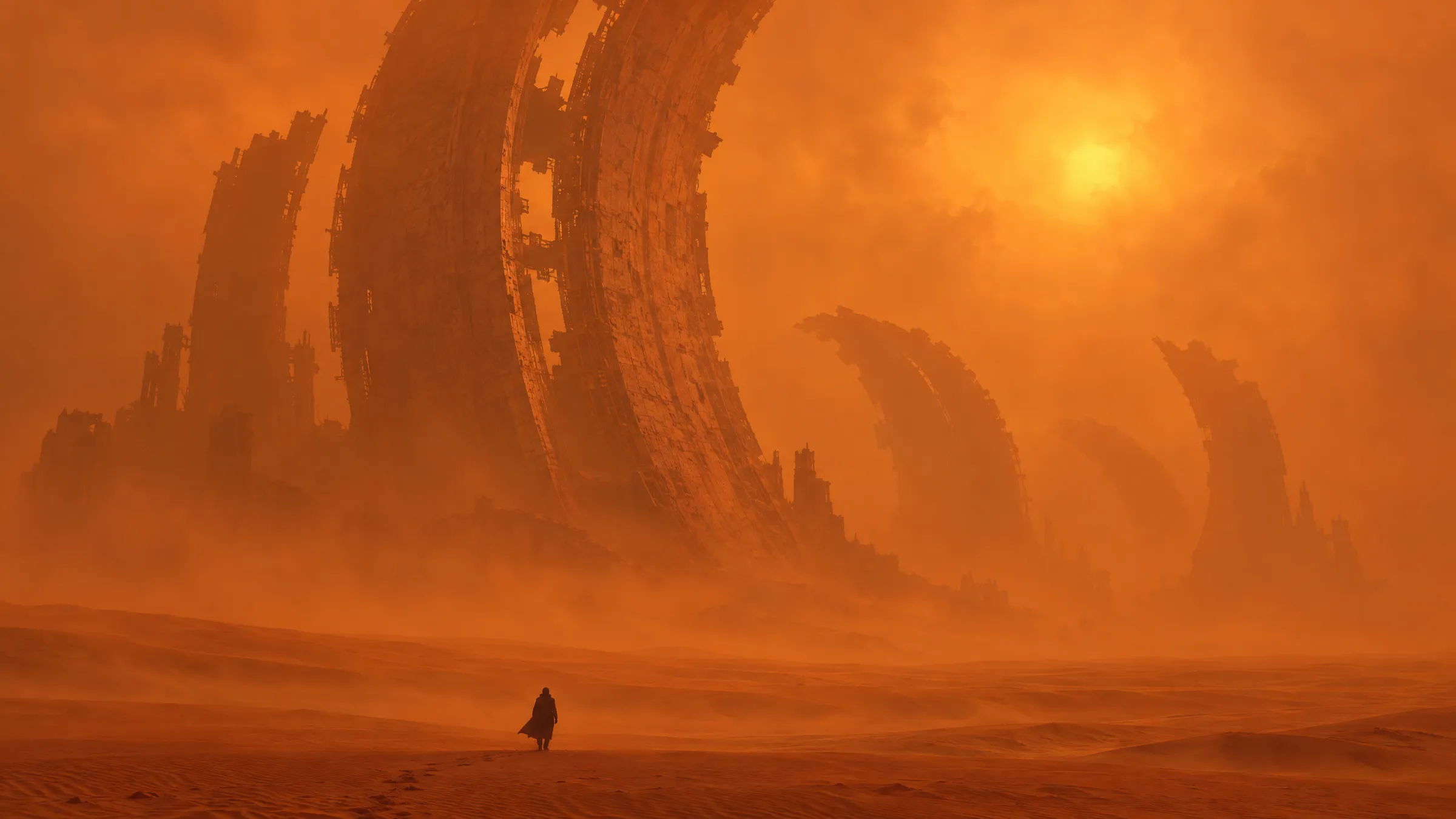A lone figure walking toward ruined monoliths under an amber sky.