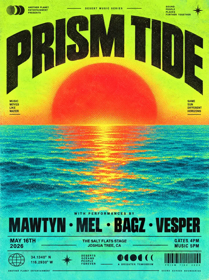 Prism Tide acid-risograph flyer: a neon sun setting over the sea.