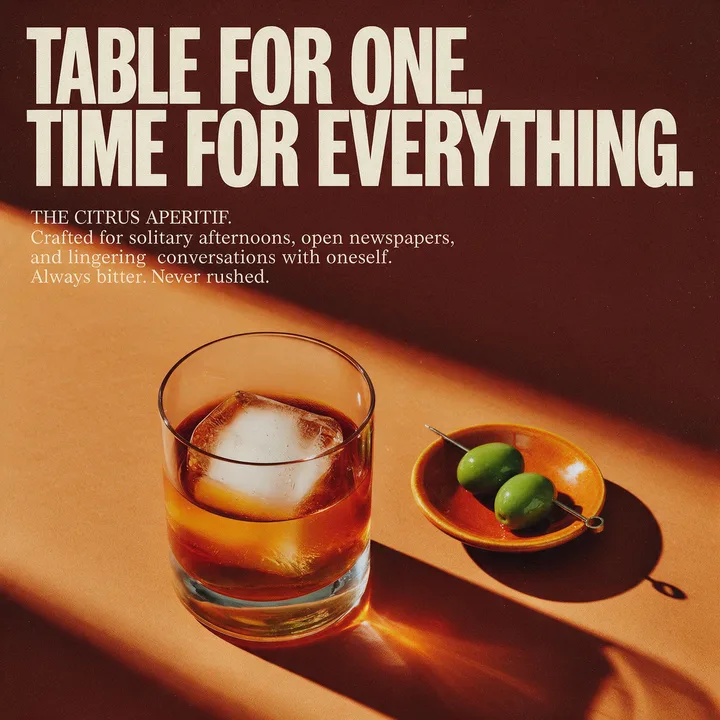 Solo Aperitivo poster: a single drink and olives, headlined “Table for one. Time for everything.”
