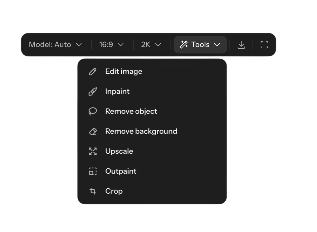 The canvas toolbar’s image menu: edit, inpaint, upscale, crop, and resize.