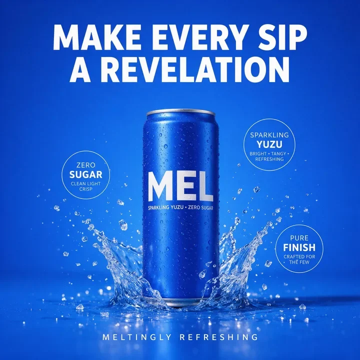 A Mel yuzu can ad on electric blue