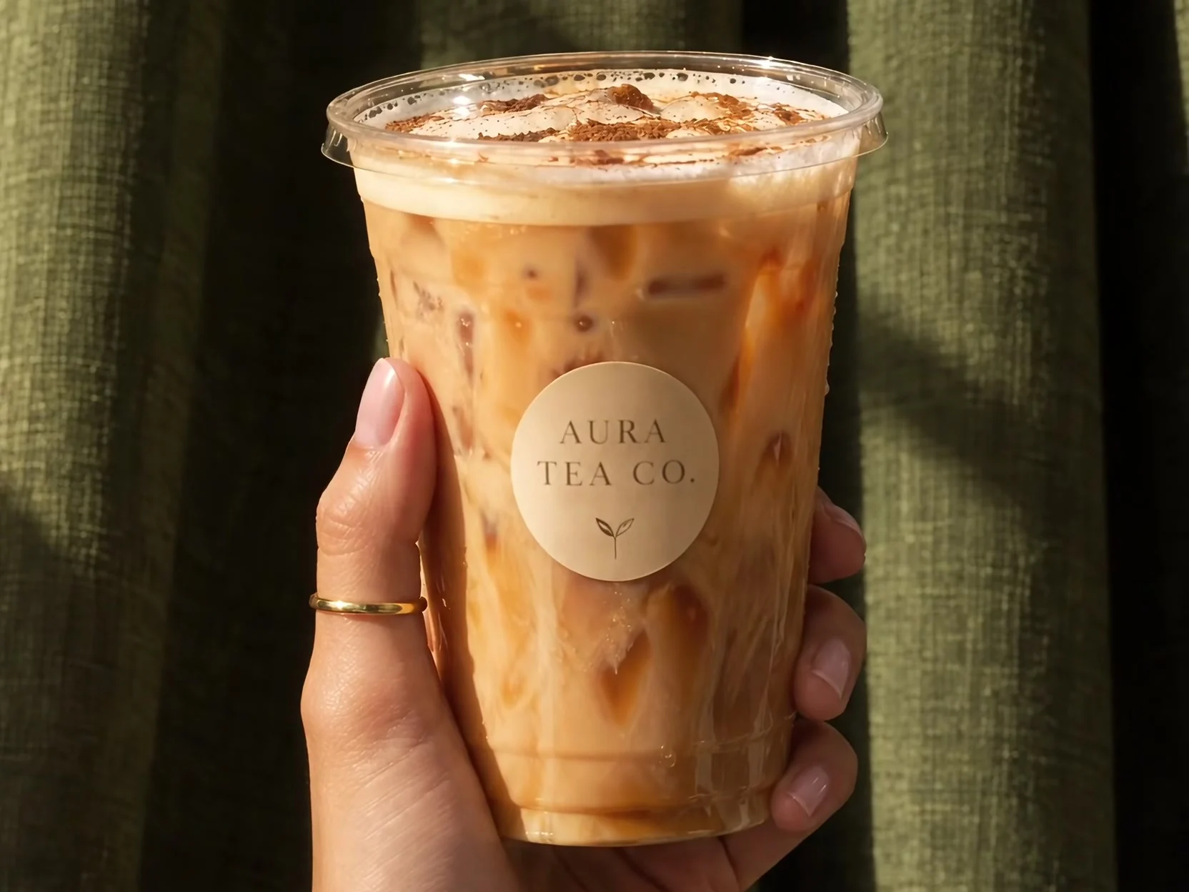 An Aura Tea Co iced chai held against a green curtain