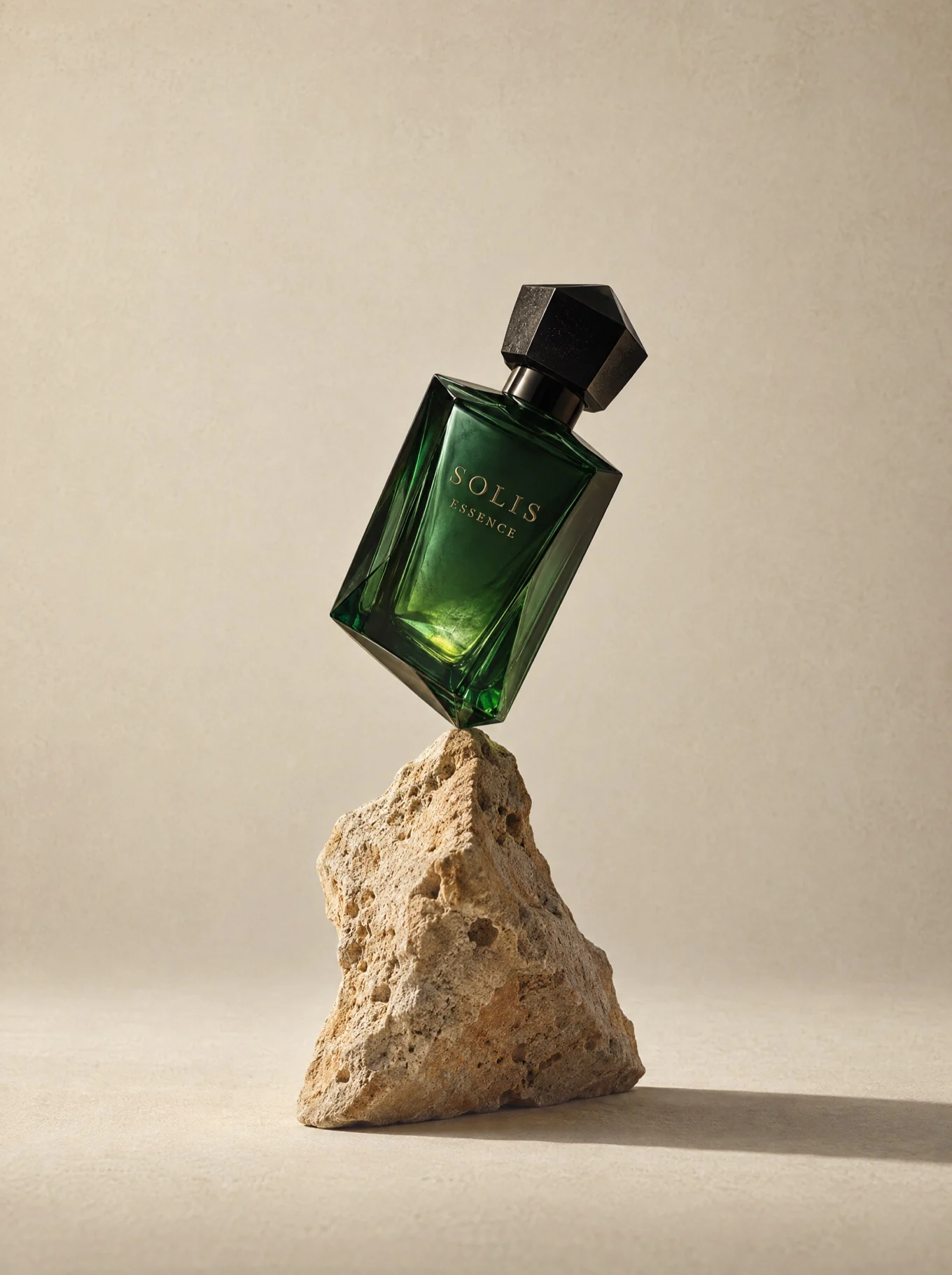 A green flacon on a sandstone plinth
