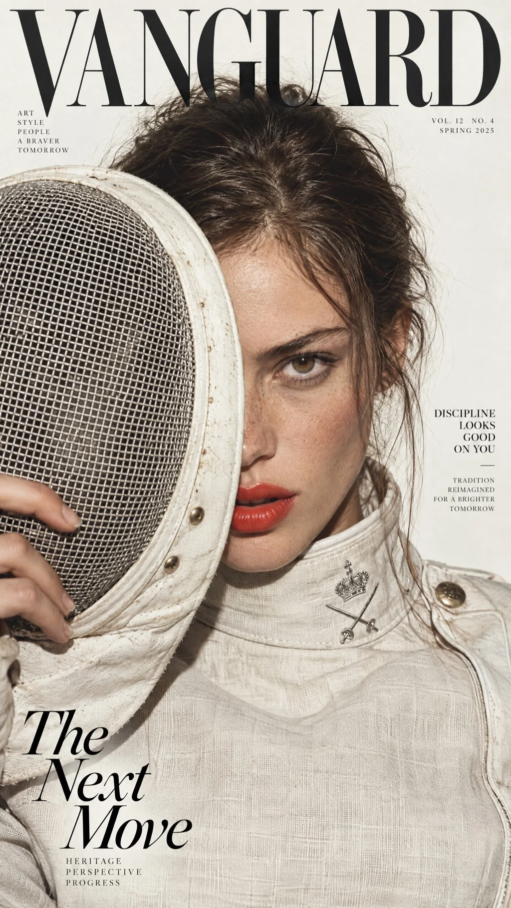 A magazine cover of a fencer holding her mask