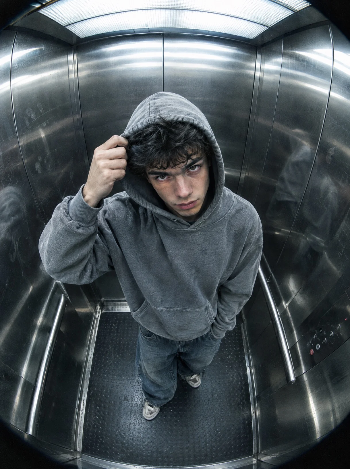A model shot in a parking garage lift