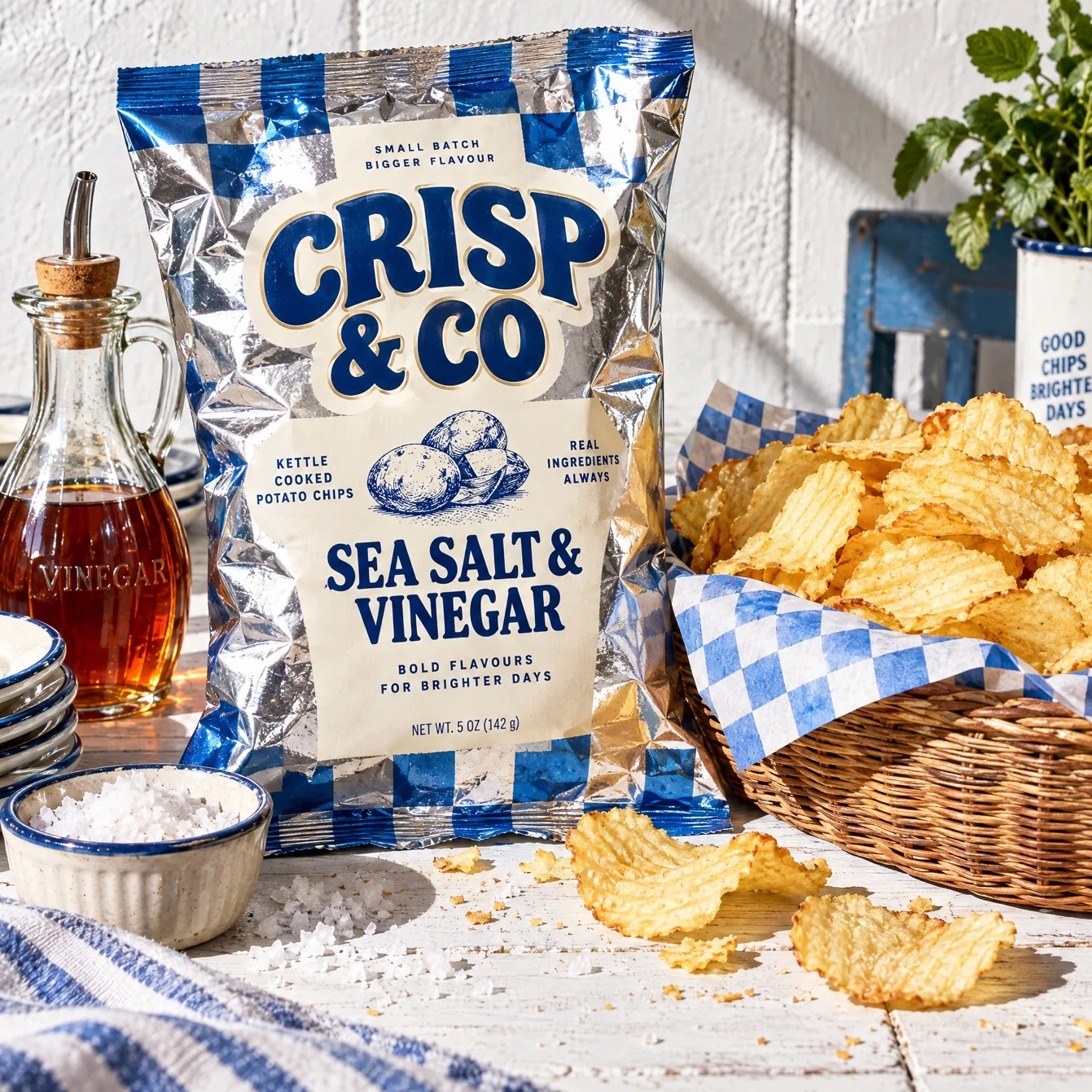 A crisps bag styled in a full kitchen scene