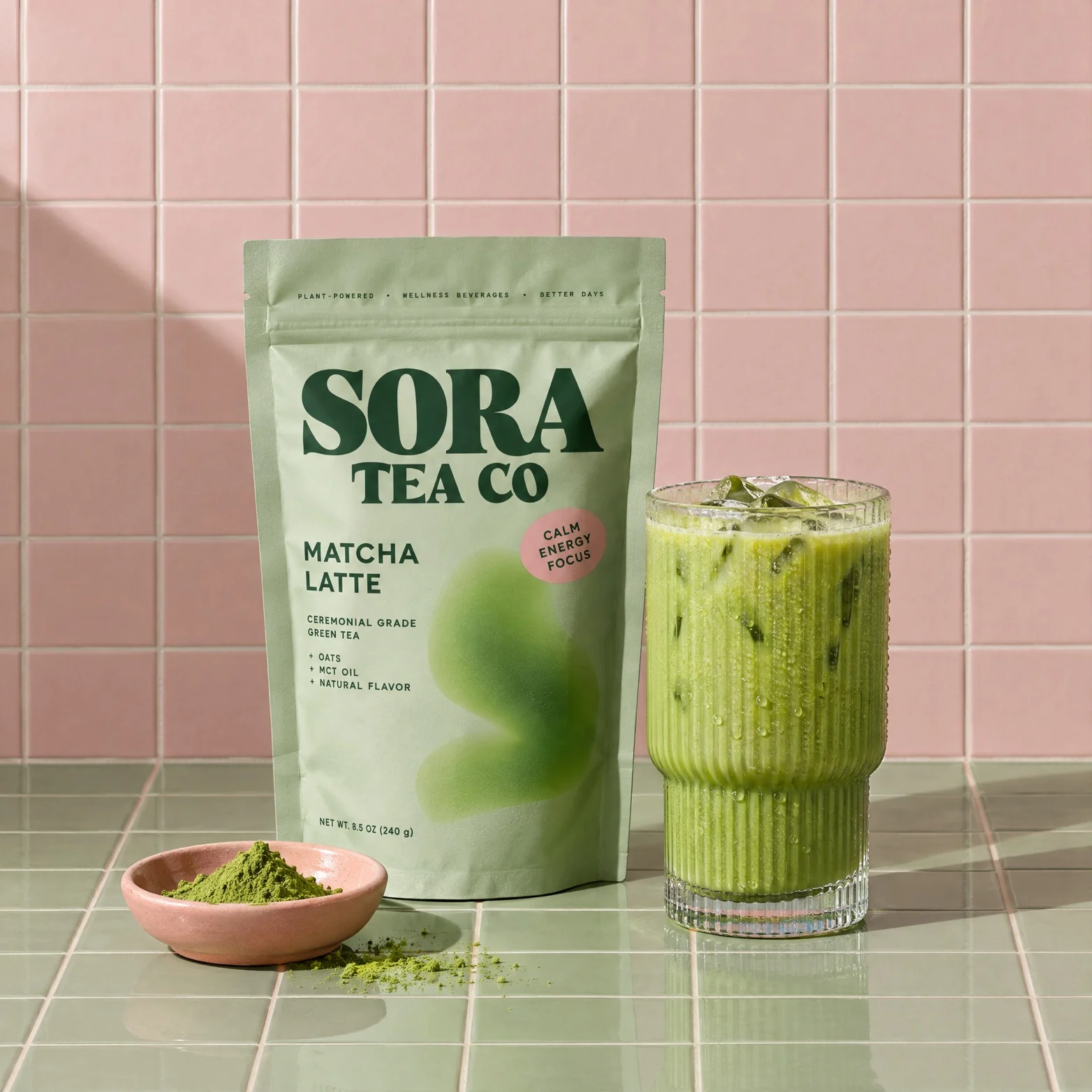 Matcha pouches with the background in focus