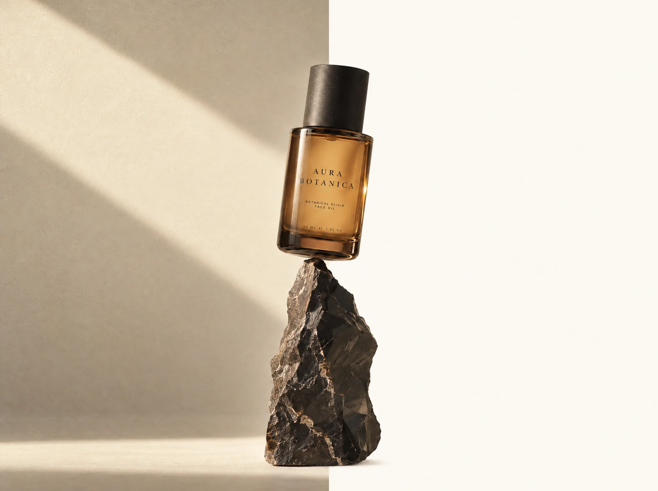 A perfume bottle on a stone plinth, lit cleanly and then with a long shadow