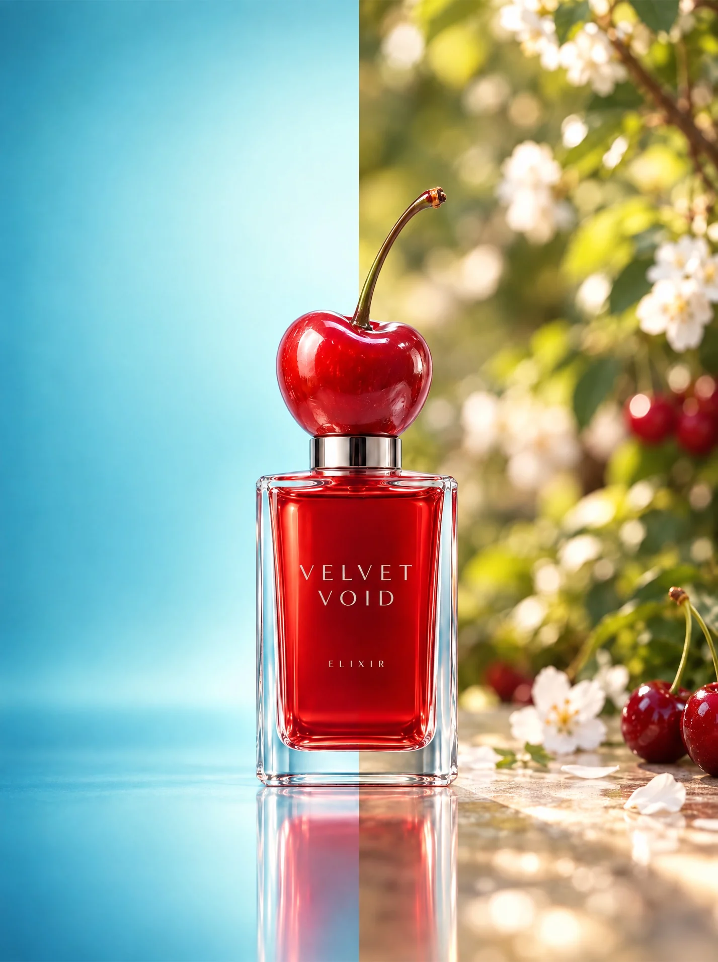 A red perfume bottle on a studio backdrop and then in a cherry blossom garden