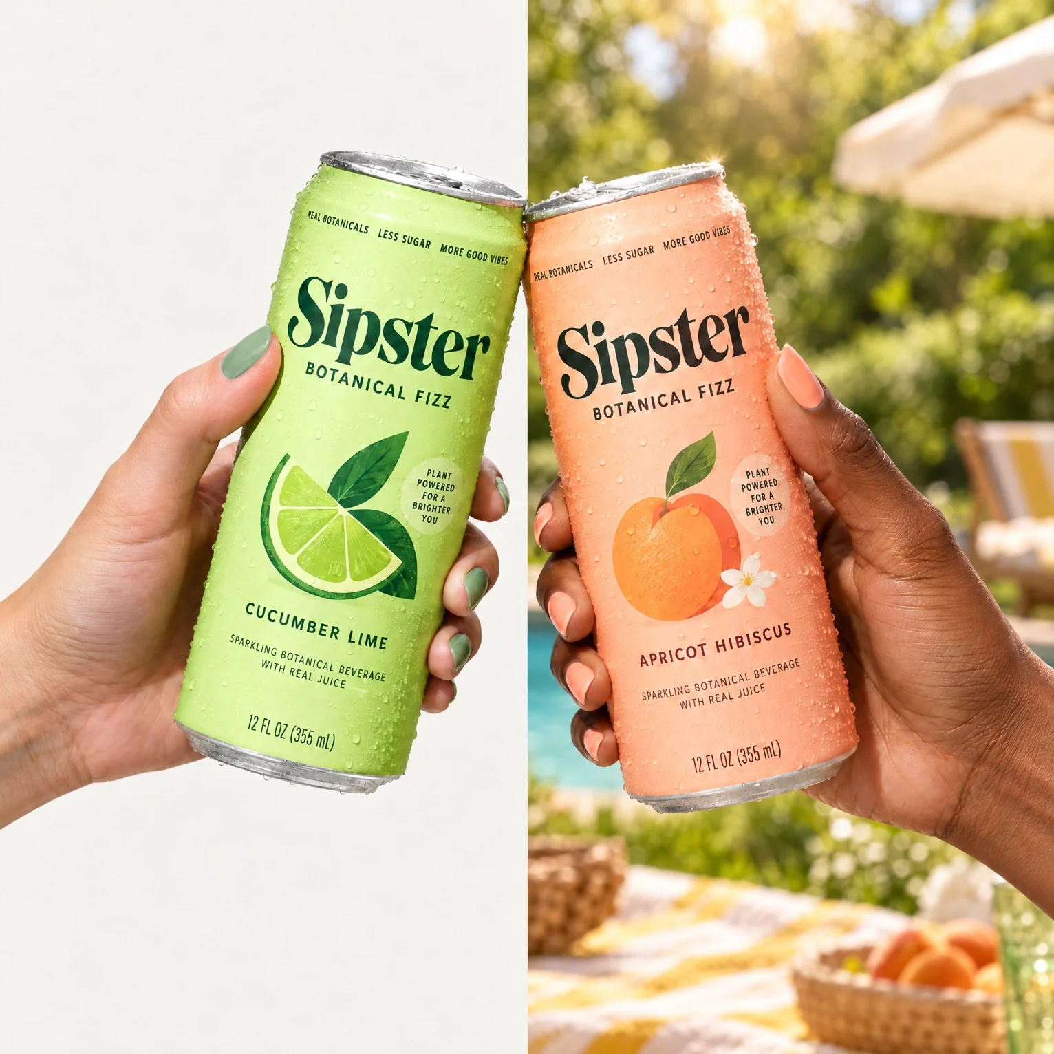 Two cans held up against a lime wall and then in an orchard