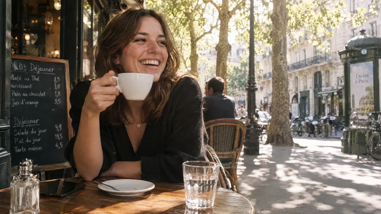 A photograph of a woman in a cafe