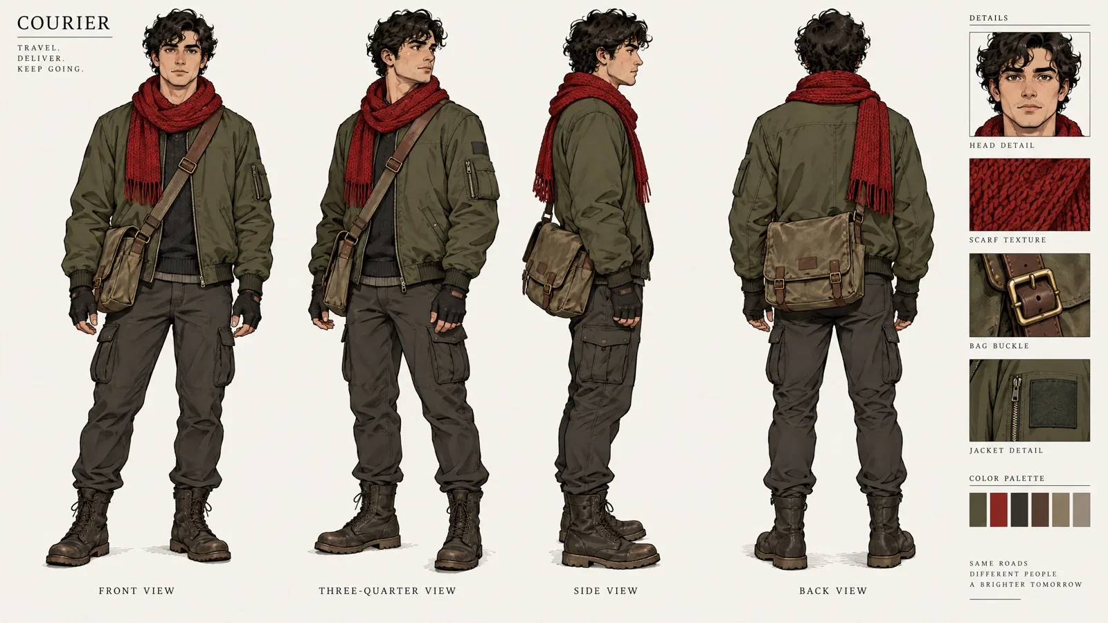 A character sheet of the courier in four views